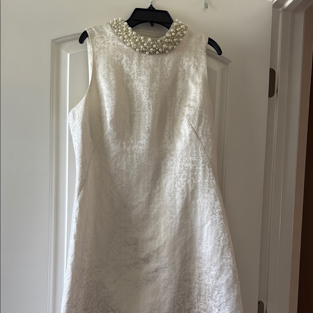 Eliza J Cream A-Line Dress with Embellished Mock Neck